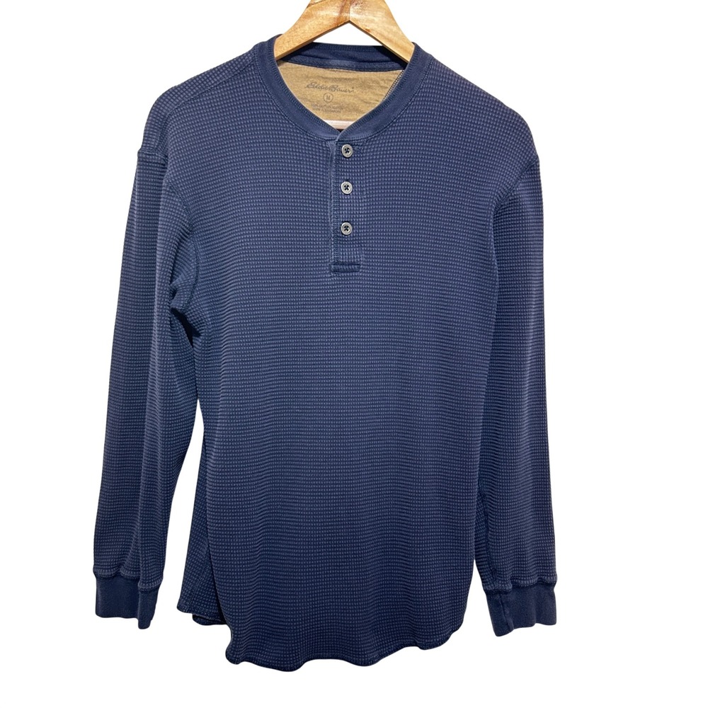 Eddie Bauer Mens Gorpcore Henley M‎ Blue Waffle Knit Thermal Grunge Workwear